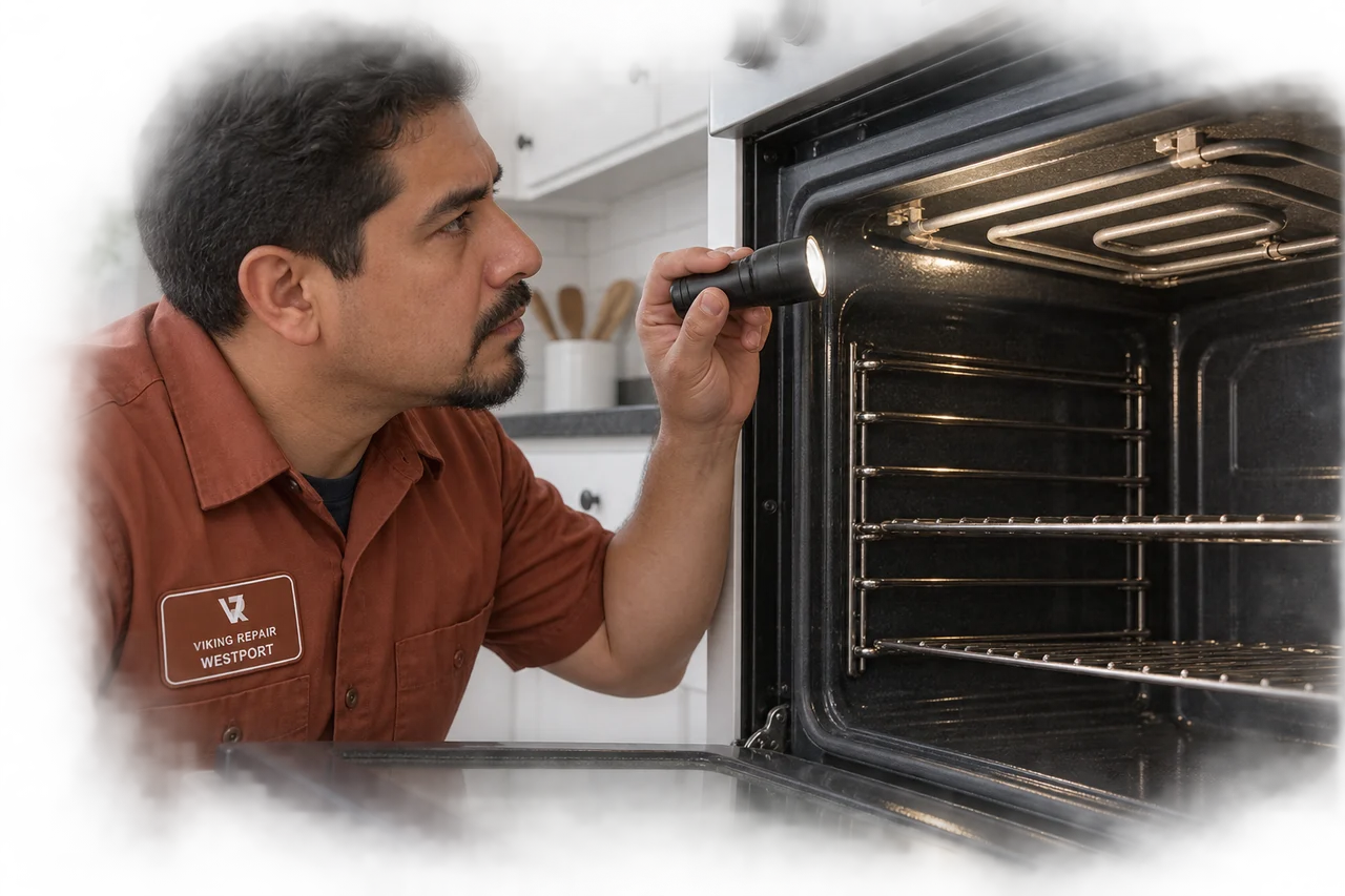 Illustrative technician inspecting a cool oven broiler element in a Westport uniform.